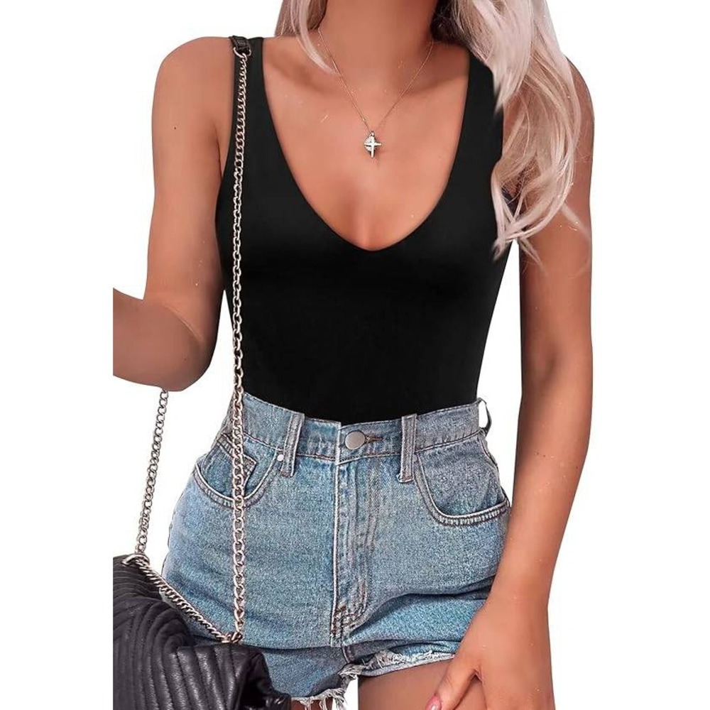 SAUNGKUAI Black V Neck Bodysuit Tank Top Sleeveless Thong Bottom Blouse‎ XL